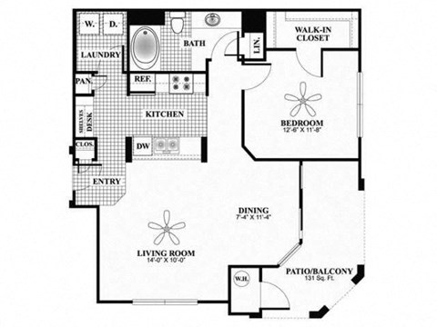A floor plan of a house with a living room, dining room, kitchen, bedroom, bathroom, and laundry area.