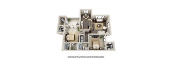 A 3D floor plan of a house with a kitchen, living room, and bathrooms.