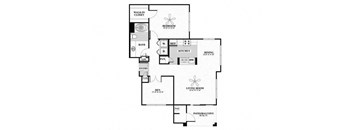 A black and white floor plan of a house with a living room, dining room, kitchen, and bathroom.