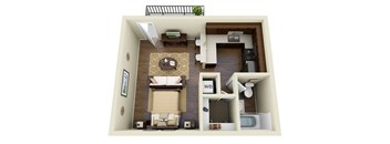 A 3D floor plan of a small apartment with a living room, dining area, kitchen, and bathroom.