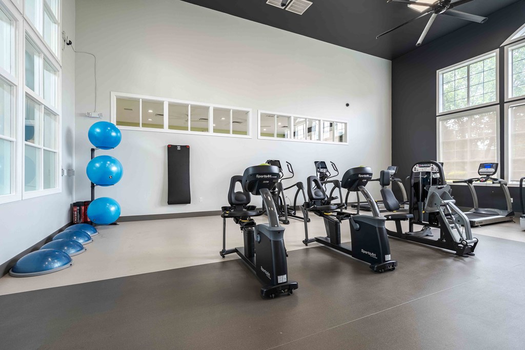 the gym is equipped with state of the art equipment and weights