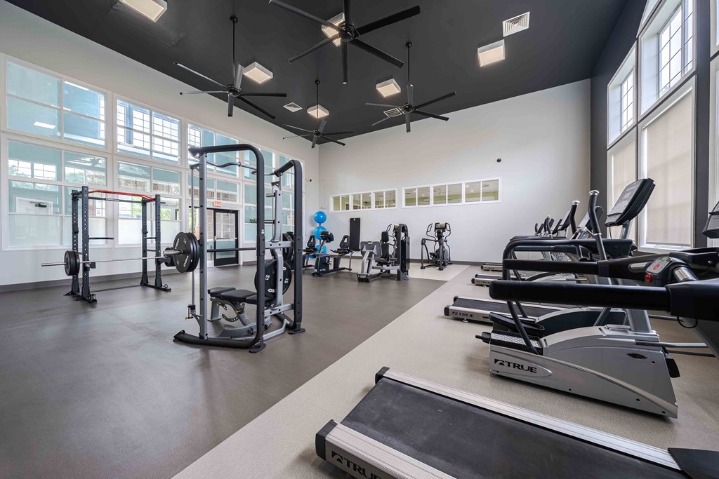 the gym is equipped with weights and cardio equipment at the estates