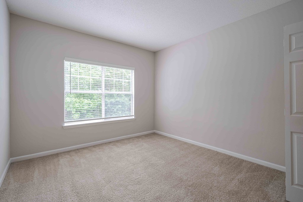 an empty room with a window and carpet