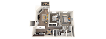 A 3D rendered image of a small apartment layout.