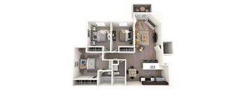 A 3D floor plan of a house with a kitchen, living room, and two bedrooms.