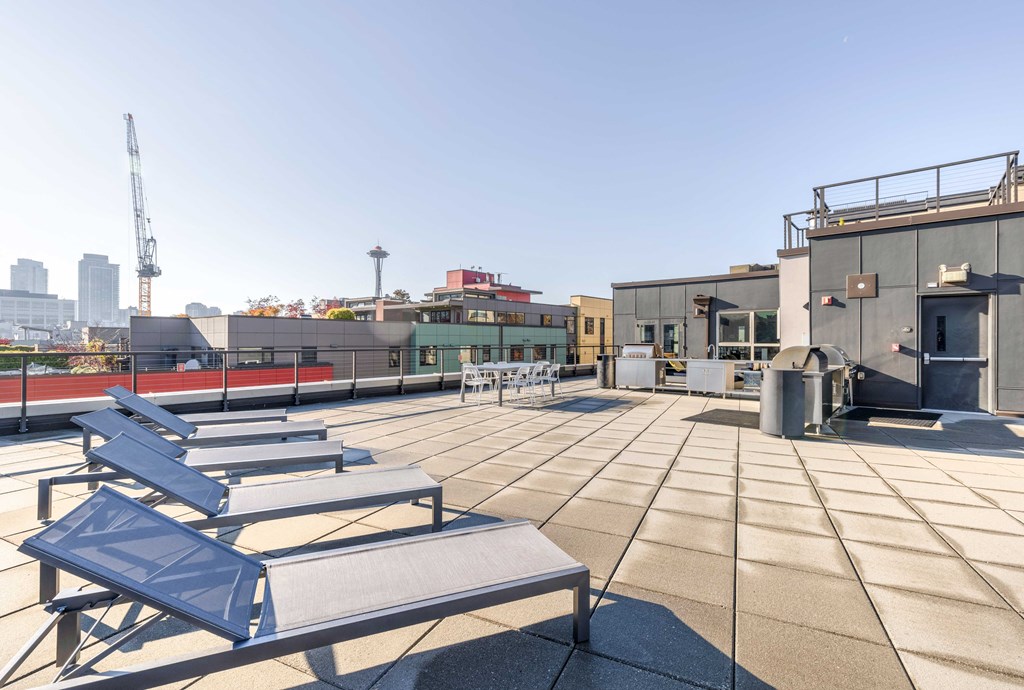 a group of lounge chairs on rooftop