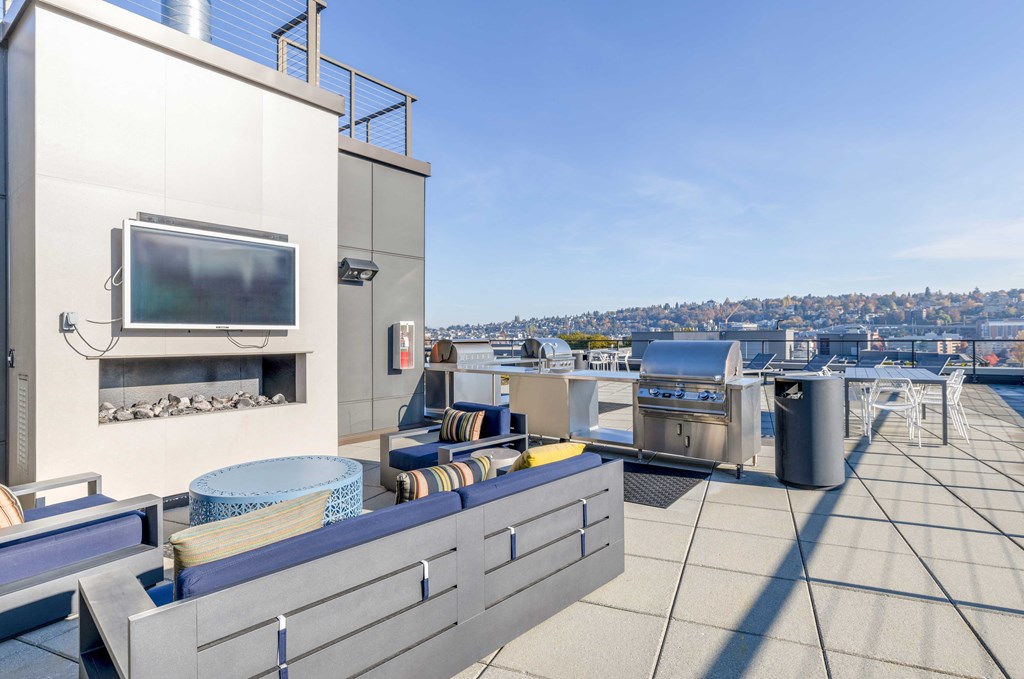 a rooftop terrace with a tv and barbecue grill and a view of the city