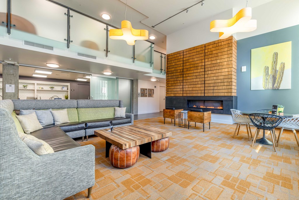 clubhouse with seating and fireplace