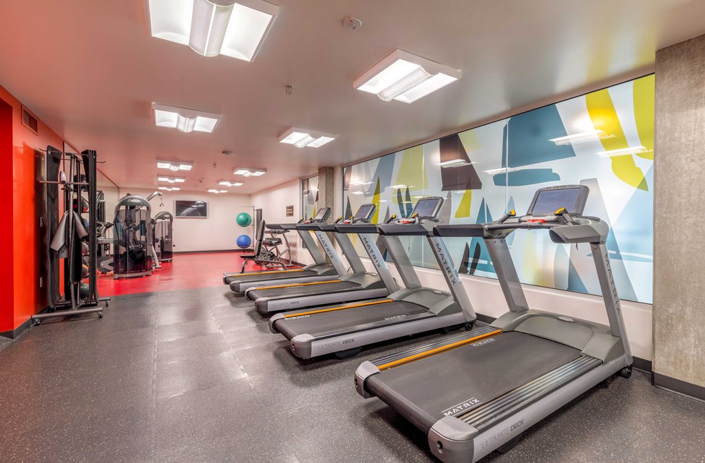 a gym with cardio equipment and a colorful wall