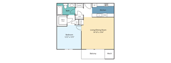 A floor plan of a living space with a bedroom, kitchen, and bathroom.