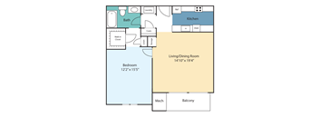 A floor plan of a home showing a living room, kitchen, and bedroom.