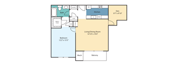 A floor plan of a home with a living/dining room, kitchen, bath, and bedroom.