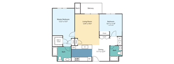 A floor plan of a home with a master bedroom, living room, dining area, and two bathrooms.
