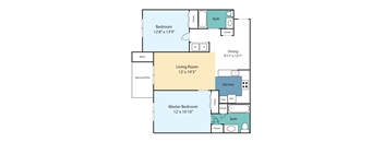 A floor plan of a home with a living room, kitchen, two bedrooms, and a master bedroom.