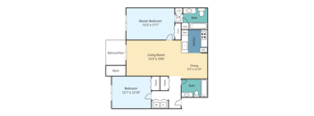 A floor plan of a home with a living room, two bedrooms, a bathroom, a kitchen, and a balcony.
