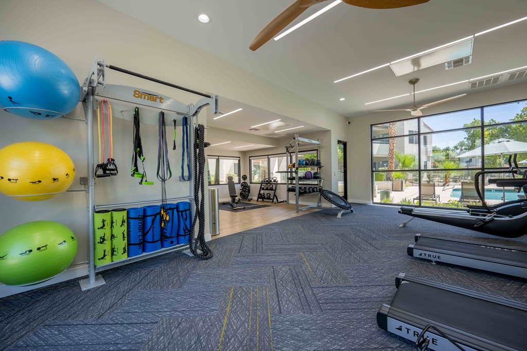 Apartments for Rent in South Phoenix, AZ - Village at Lakewood - Fitness Center with Floor-to-Ceiling Windows, Excercise Ropes, and Treadmills