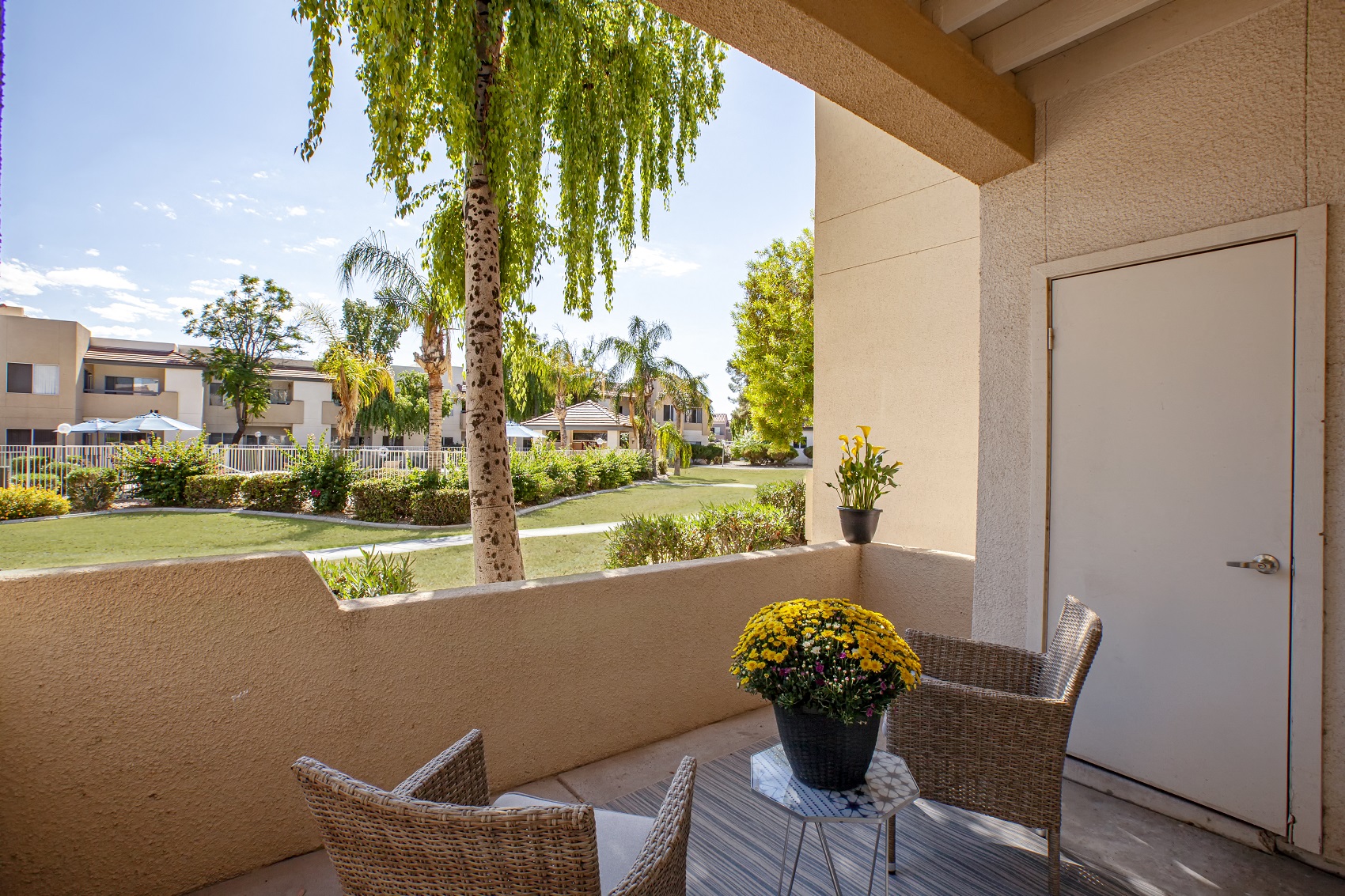 Apartments in South Phoenix - Village at Lakewood - Patio with View of Apartment Complex, Outdoor Furniture, and Potted Flowers