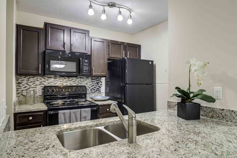Wood Pointe Apartment Homes in Marietta Georgia photo of a kitchen with granite countertops and black appliances