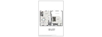 A floor plan of a one bedroom apartment with a bath.