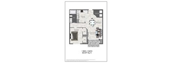 A floor plan of a one bedroom, one bath apartment.