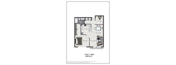 A floor plan of a one bedroom apartment with a bath.