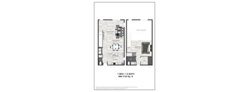 A floor plan of a one bedroom, one bathroom apartment.