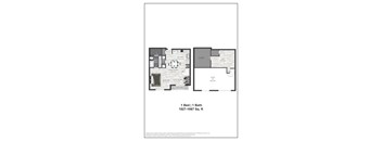 A floor plan of a one bedroom apartment with a bath.
