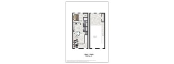 A floor plan of a one bedroom apartment with a bath.