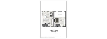 A floor plan of a one bedroom, one bathroom apartment.