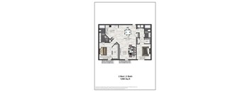 A floor plan of a 2 bedroom, 2 bathroom apartment sized at 1298 square feet.
