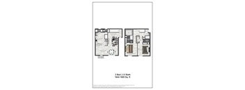 A floor plan of a two bedroom, 2.5 bath apartment.