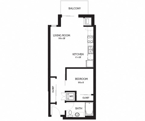 a floor plan of a studio apartment with a bedroom and a loft