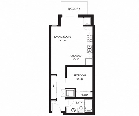 a floor plan of a studio apartment with a bedroom