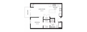 a floor plan of a living room with a bedroom and a bathroom