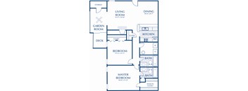A blueprint of a house layout with labeled rooms such as a kitchen, living room, and bathrooms.
