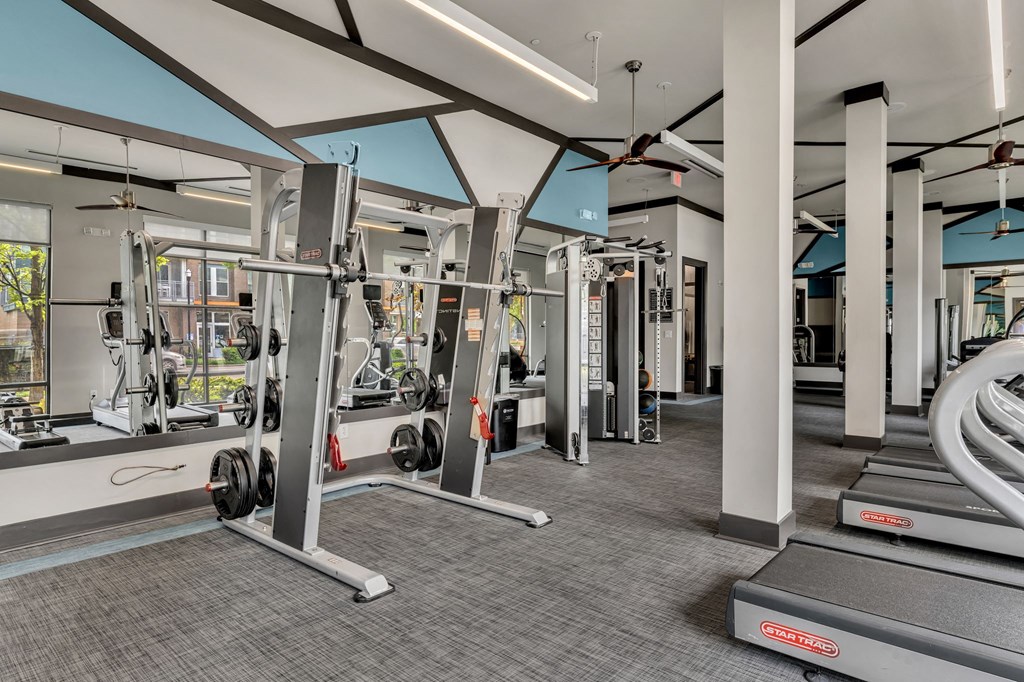 Pet-Friendly Apartments in Nashville, TN- Octave Apartments- state of the art fitness center with squat racks machines and cardio equipment