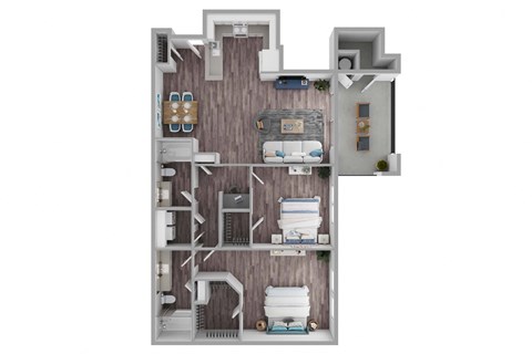 a stylized floor plan with bedrooms and baths
