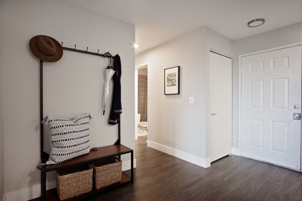 a living room with a closet and a door to a bathroom