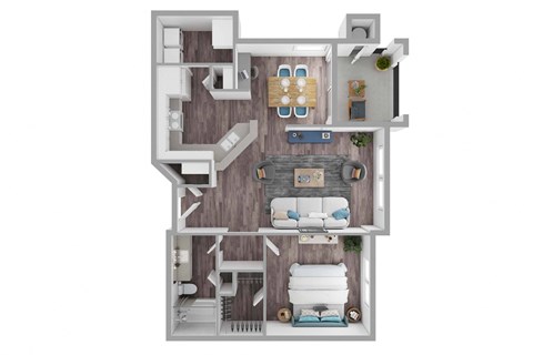 a stylized floor plan with a bedroom and living room