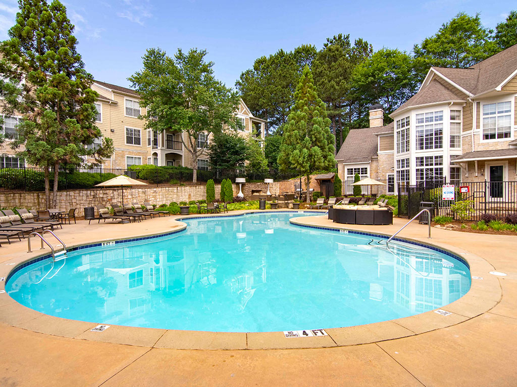 Apartments for Rent in Alpharetta GA - The Ascent at Windward Apartments Swimming Pool With Lounge Chairs and Shaded Seating