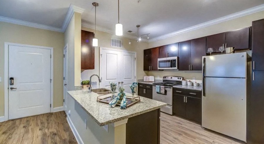 Two Bedroom Apartments in Durham NC - 54 Station - Kitchen with Stainless Steel Appliances, Pendant Lighting, Granite countertops, and Vinyl Plank Flooring