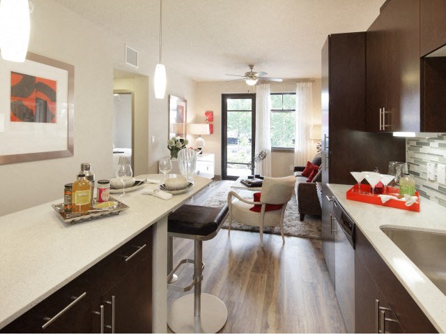 The Edge at Flagler Village Apartments in Fort Lauderdale, FL photo of a kitchen with a long counter and a living room
