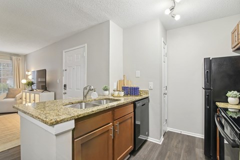 Marietta, GA, Apartments Near Andretti Indoor Karting & Games - Wood Pointe Apartment Homes - Kitchen With Granite Countertops, Wood Cabinetry, Black Appliances, And Double Sink.