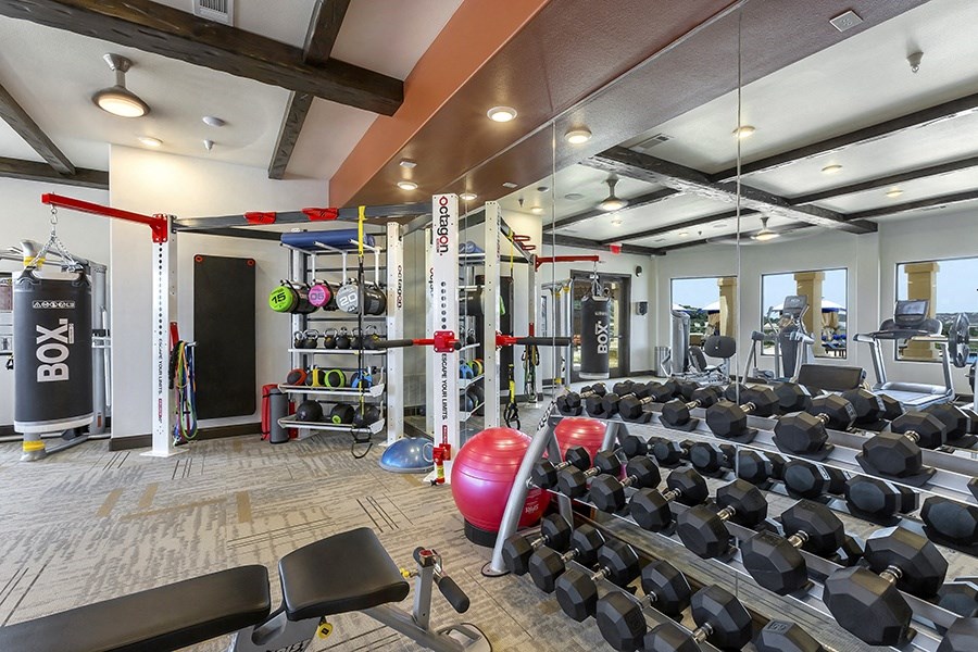 a gym with weights and dumbbells and other exercise equipment