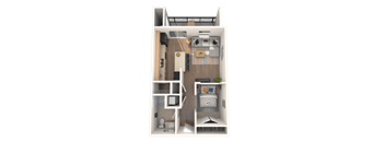 A white floor plan of a small apartment with a kitchen, living room, and bathroom.
