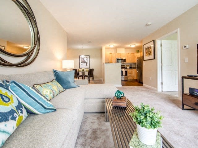 a living room with a couch and a coffee table