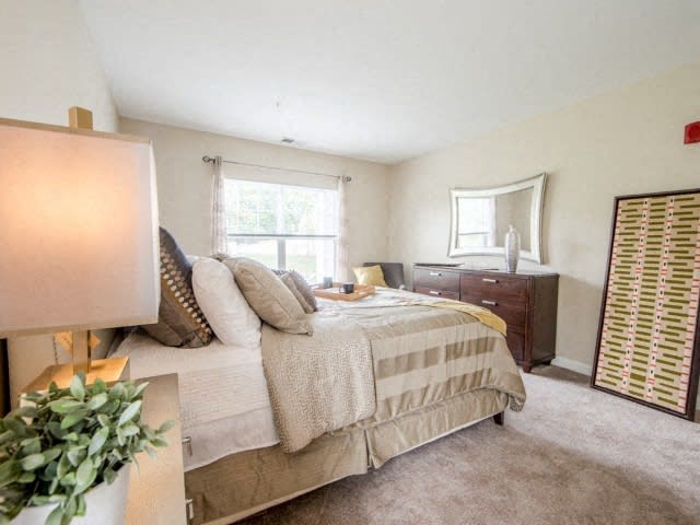 a bedroom with a bed and dresser in it
