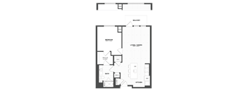 A floor plan of a house with a balcony, living room, dining room, kitchen, bathroom, and bedroom.