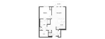 A floor plan of a home with a balcony, bedroom, bath, living/dining area, kitchen, and laundry room.