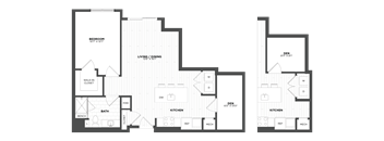 A floor plan of a house with three bedrooms, two living/dining areas, two kitchens, and a bathroom.